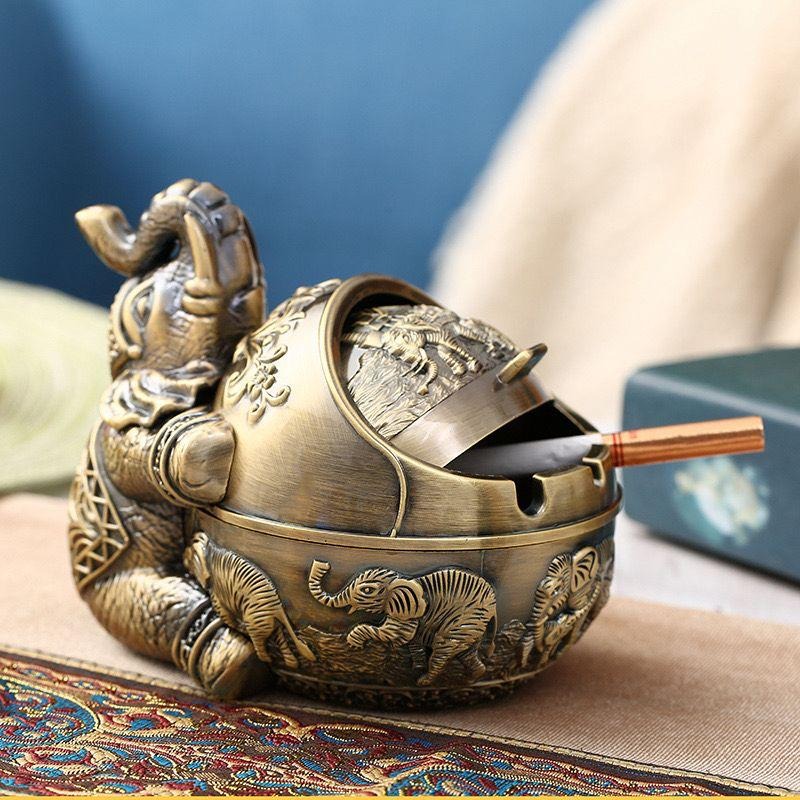 Antique Metal Elephant Seated Ashtray - Windproof Luxury Desktop Ornament