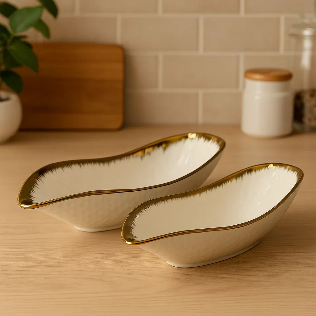 White & Gold Porcelain Platters - Premium 2-Piece Serving Set - Clarify.pk