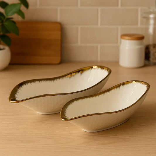 White & Gold Porcelain Platters - Premium 2-Piece Serving Set - Clarify.pk