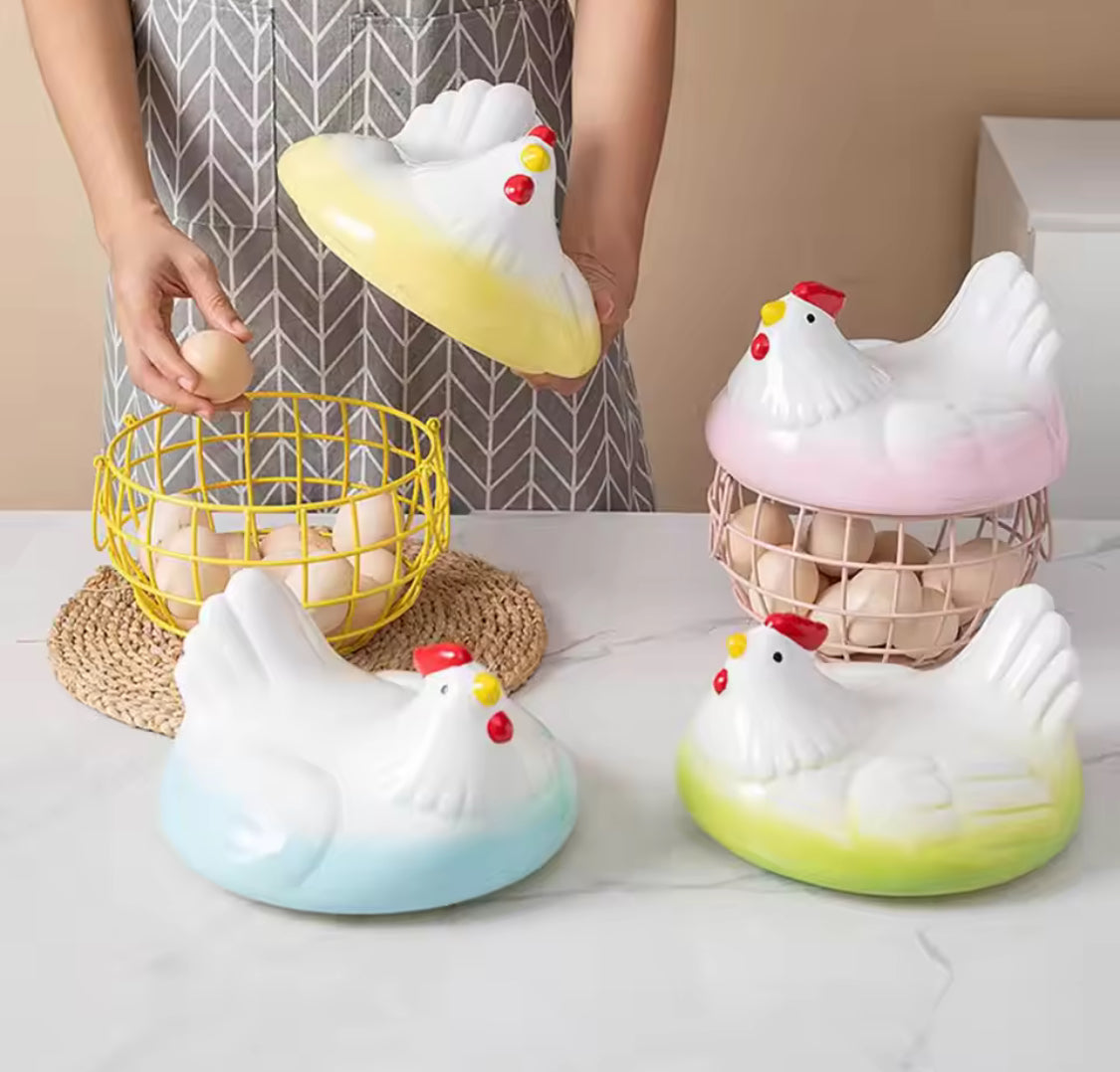 Hen Shaped Egg Basket with Lid - Large Capacity Chicken Egg Holder & Kitchen Storage