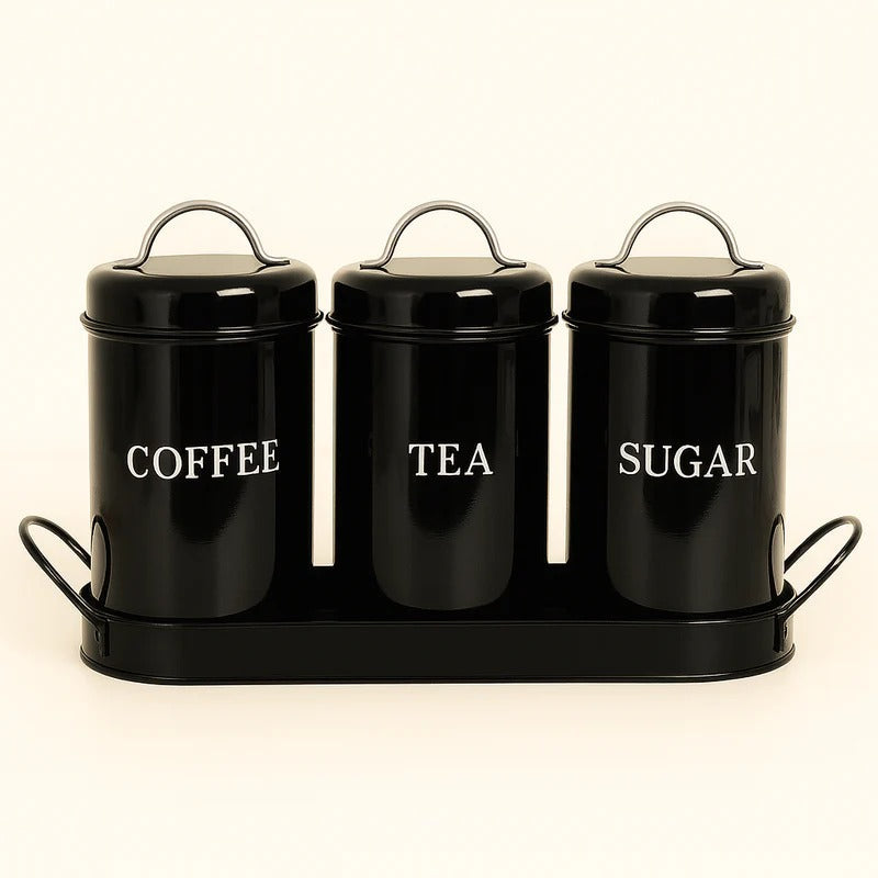 Vintage Retro Metal Kitchen Canister Set – Tea, Coffee, & Sugar Trio with Tray MJ
