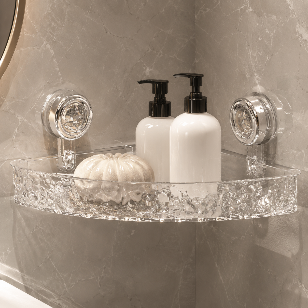 Acrylic Corner Suction Shelf – Drill-Free Bathroom Corner Bathroom Shelf