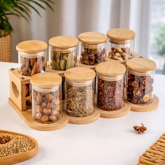 Premium 8pcs Glass Spice Jar Set with Bamboo Stand - Culinary Curator HAT