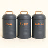 Vintage Metal Canister Set – 3-Piece Embossed Coffee, Tea, & Sugar Jars MJ