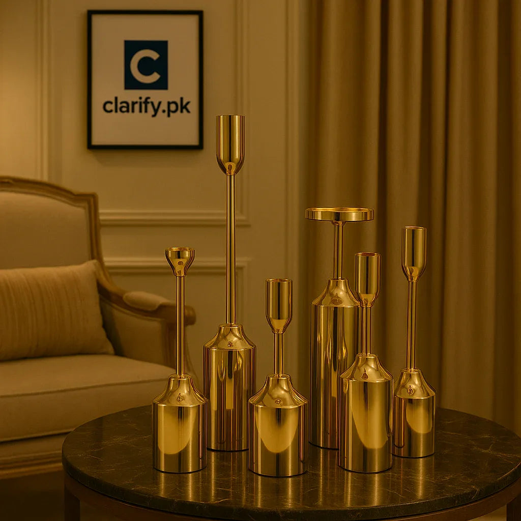 6pcs گولڈن کروم کینڈل ہولڈرز - خوبصورت ڈیکور سیٹ