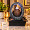 Ring Arch Sphere Tabletop Fountain with LED Flame Light & River Pebbles – Indoor Water Feature