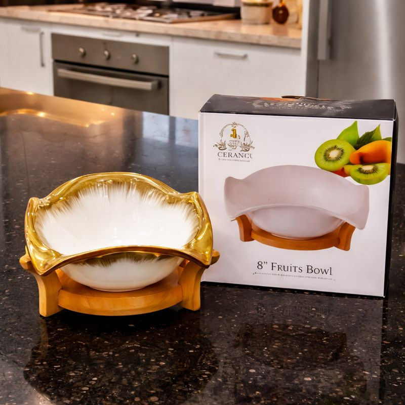 Luxury Gold-Rimmed Scalloped Ceramic Fruit Bowl – 8" Aesthetic Centerpiece with Decorative Wooden Base - Trenducts.pk