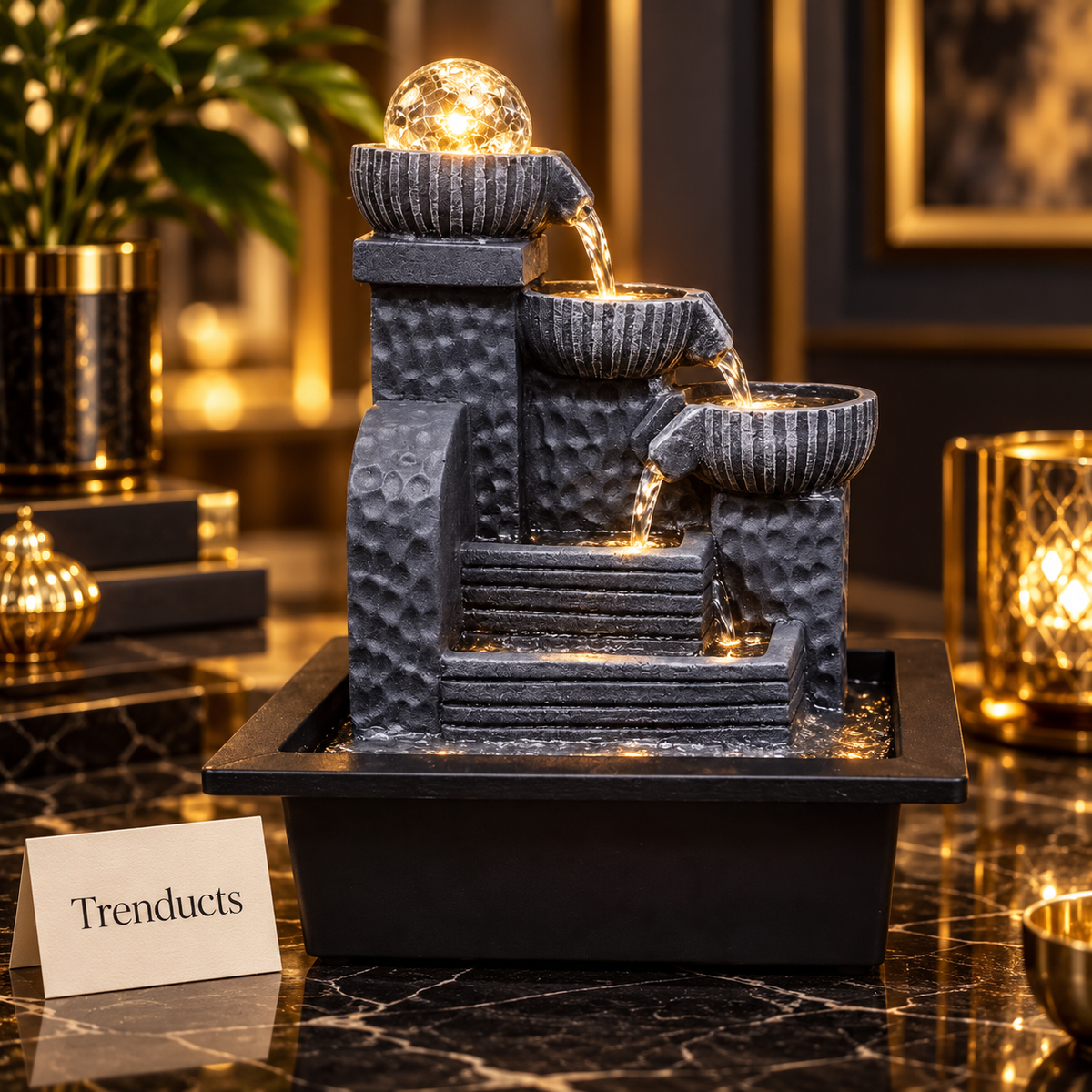 Stepped Column Tabletop Fountain with LED Crystal Ball & 3-Tier Cascade – Indoor Water Feature