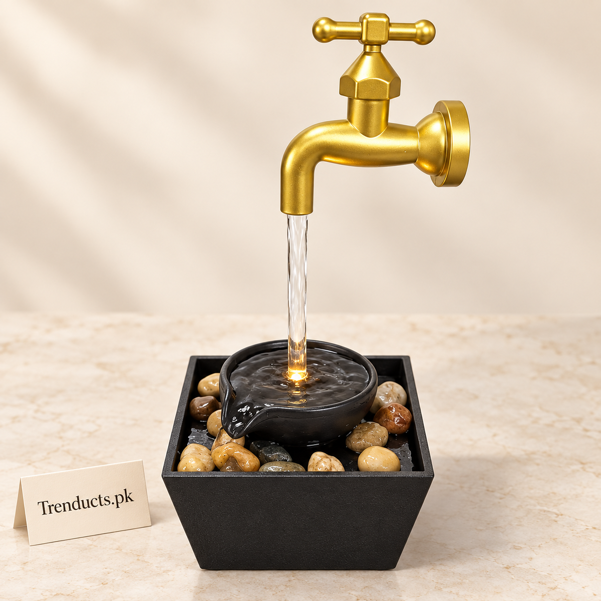 Tap Design Tabletop Water Fountain with Pebbles – Indoor Electric Faucet Decor