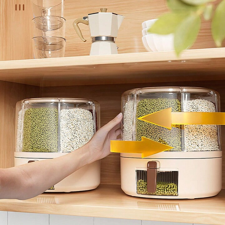 360° Rotating Grain Dispenser, Multi Grain Dispenser Bucket, Moisture Proof Cuisine Organizer, Rotary Partition Sealed Jar, Measuring Container Kitchen Grains Rice Storage Bucket Food Organizer