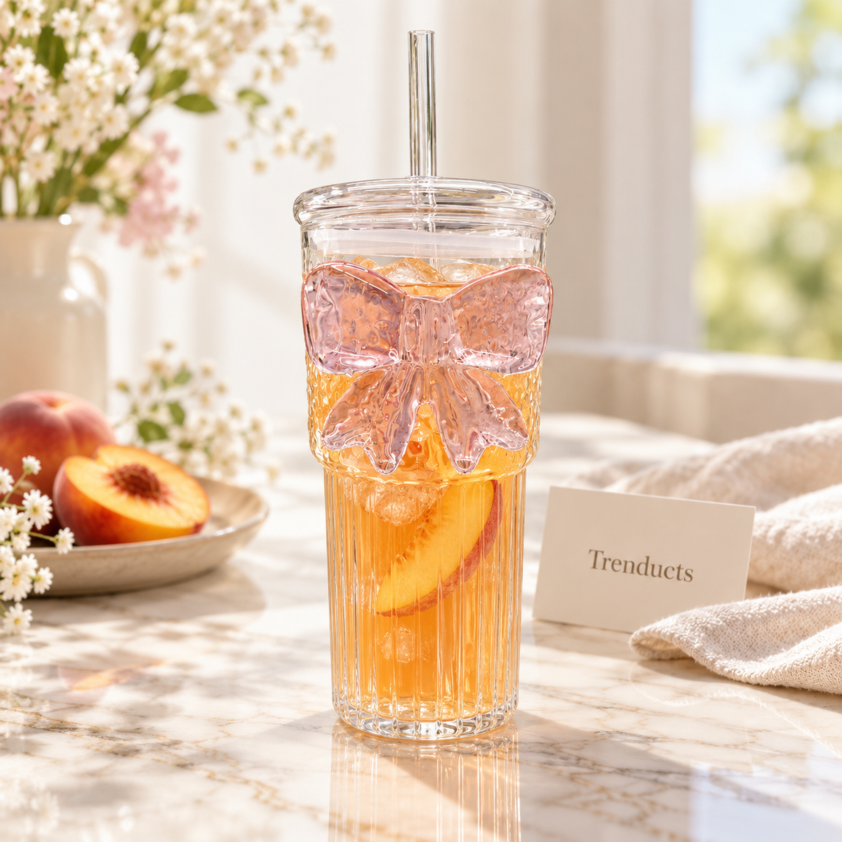 Ribbed Bow Glass Tumbler with Dome Lid & Glass Straw – Aesthetic Coquette Drinkware