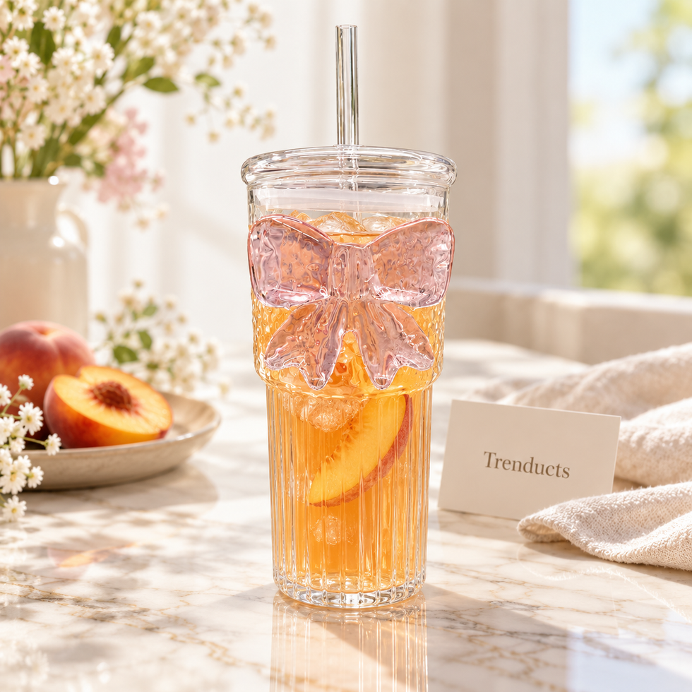 Ribbed Bow Glass Tumbler with Dome Lid & Glass Straw – Aesthetic Coquette Drinkware