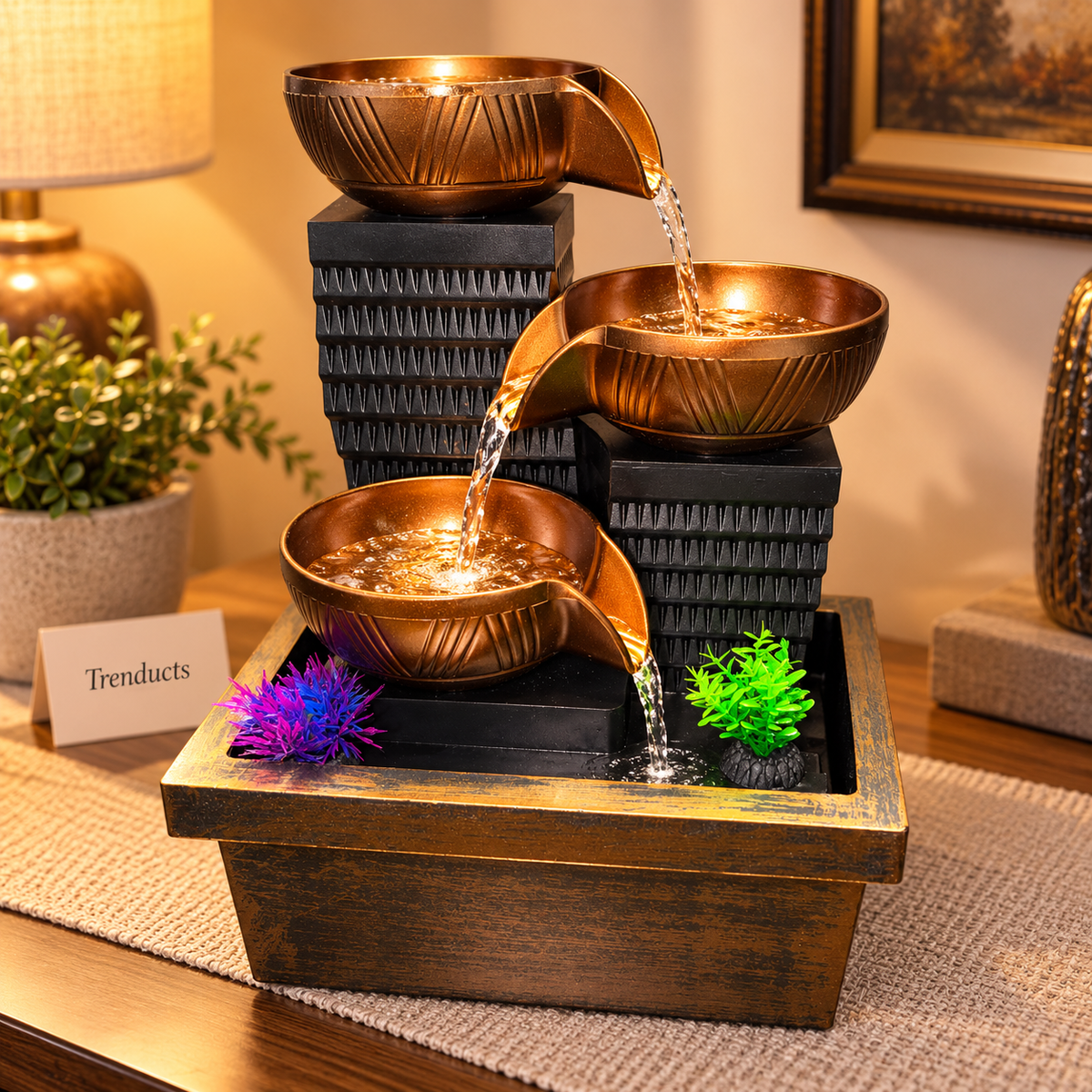 3-Tier Bowl Waterfall Tabletop Fountain with LED & Plants – Zen Home Decor