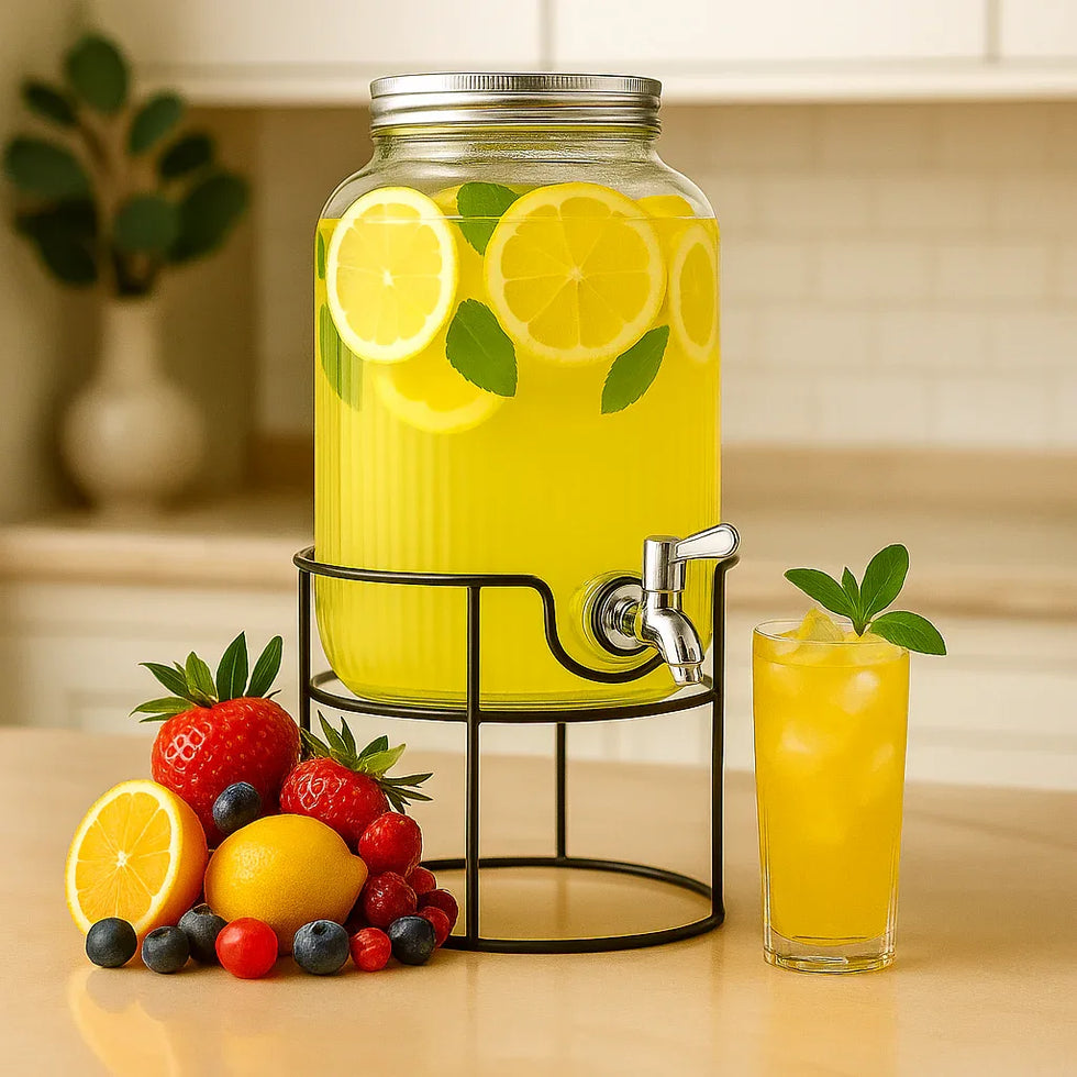 8L Round Glass Water Dispenser with Metal Stand