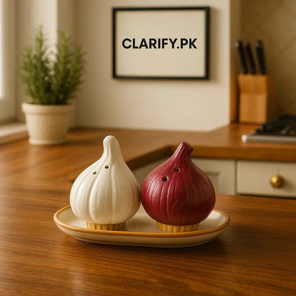 Onion & Garlic Shape Ceramic Salt & Pepper Shakers with Tray – Cute Kitchen Table Set - Clarify.pk