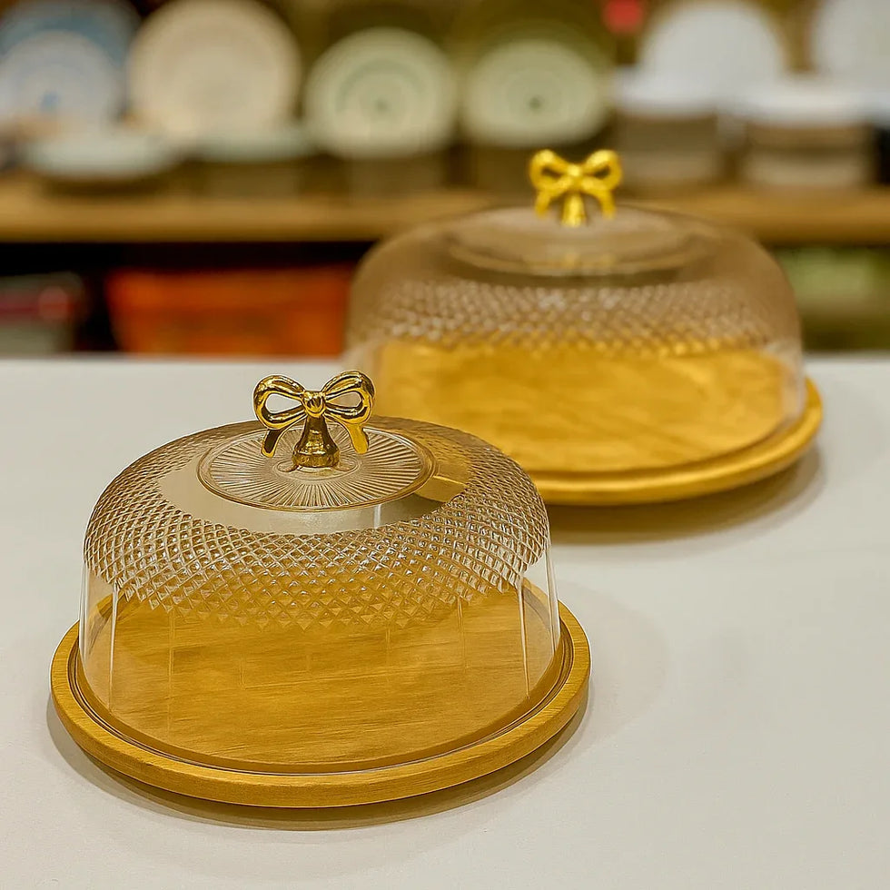 Cake Dish with Acrylic Cover – Bamboo Wooden Base - Clarify.pk