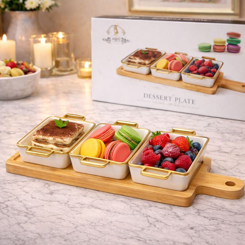 Luxury 3-Portion Ceramic Dessert Serving Set - Gold Rim Bowls with Wooden Paddle Tray - Trenducts.pk