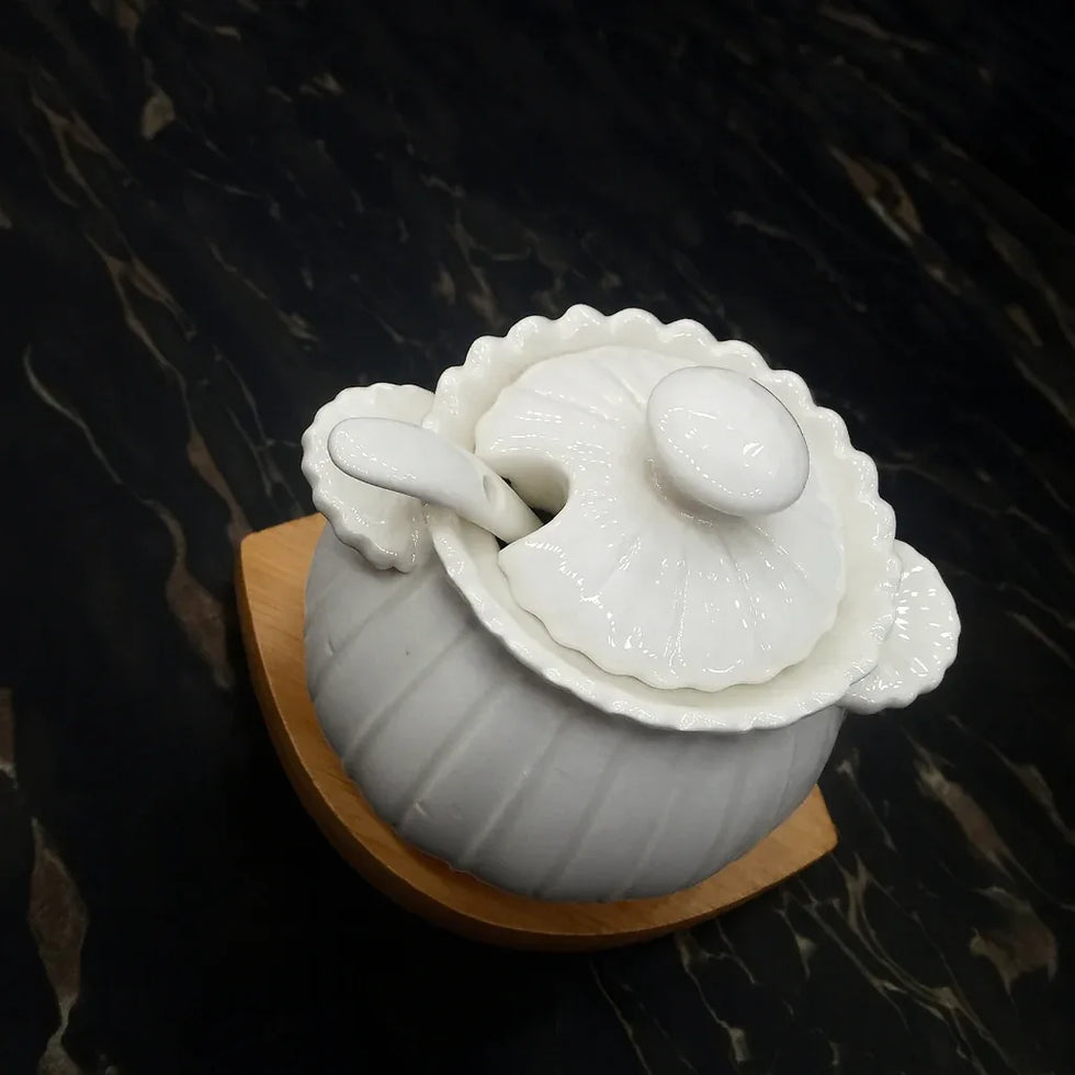 Ceramic Sugar Pot with Spoon & Wooden Base – Spice Jar