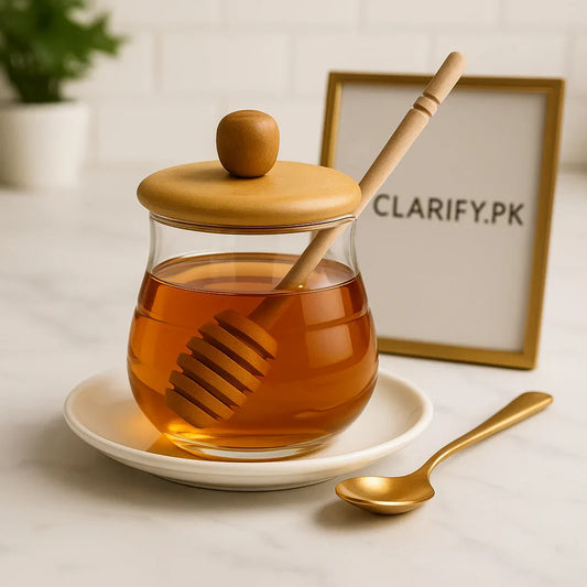 Glass Honey Pot with Wooden Lid & Serving Dipper - Clarify.pk