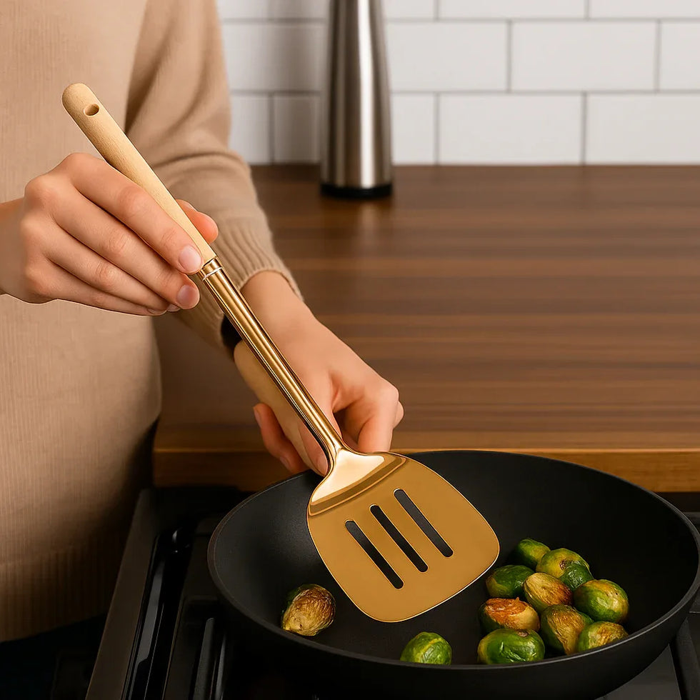 Stainless Steel Golden Turner Spatula with Wooden Handle – Premium Kitchen Tool - Clarify.pk