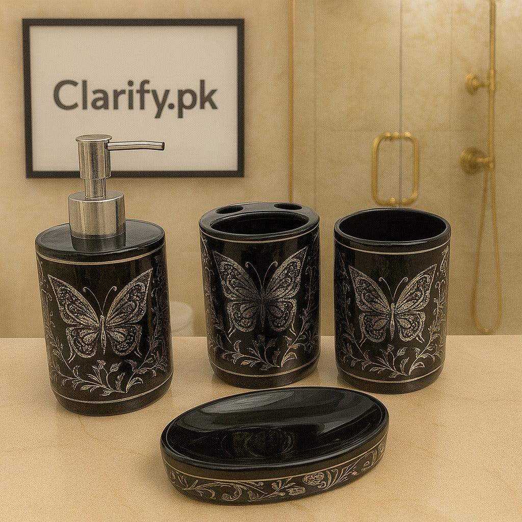 4-Piece Luxury Bathroom Set – Black Ceramic with Silver Butterfly - Clarify.pk