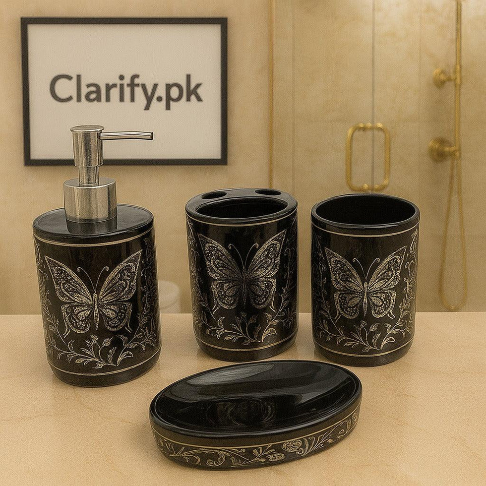 4-Piece Luxury Bathroom Set – Black Ceramic with Silver Butterfly - Clarify.pk