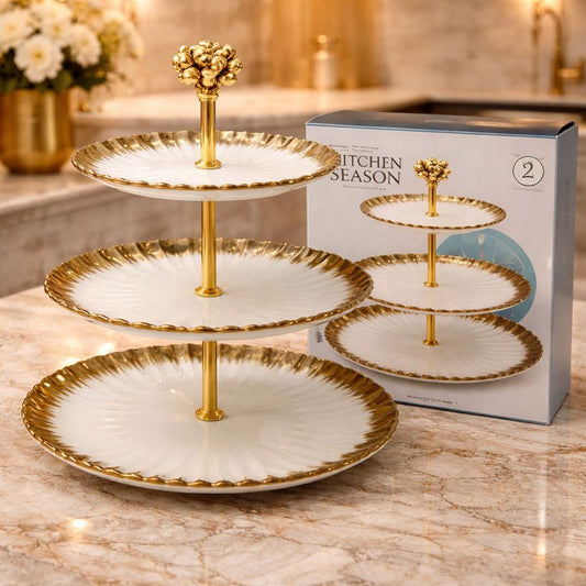Premium 3-Tier Gold-Rimmed Serving Platter – Scalloped Ceramic Trays with Elegant Gold Pillar - Trenducts.pk