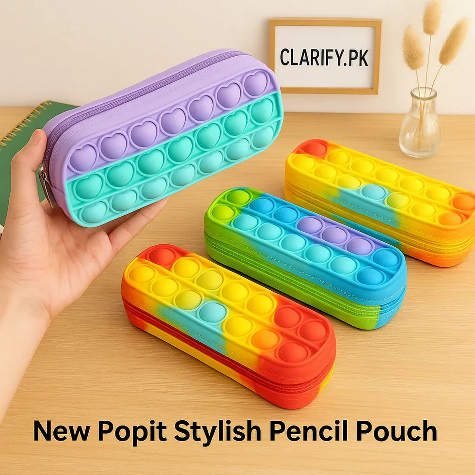 Popit Stylish Pencil Pouch – 3 Rows Trendy Multipurpose Stationery Case (Random) - Clarify.pk