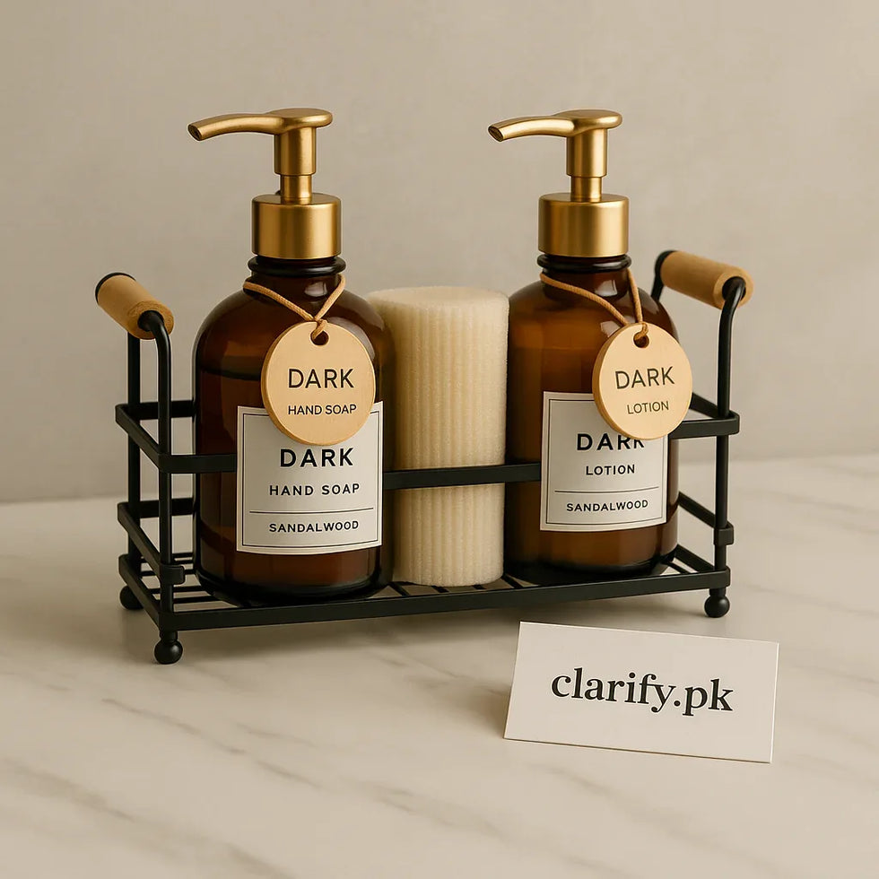 Amber Soap & Lotion Dispenser Set with Gold Caddy – Elegant Refillable Organizer