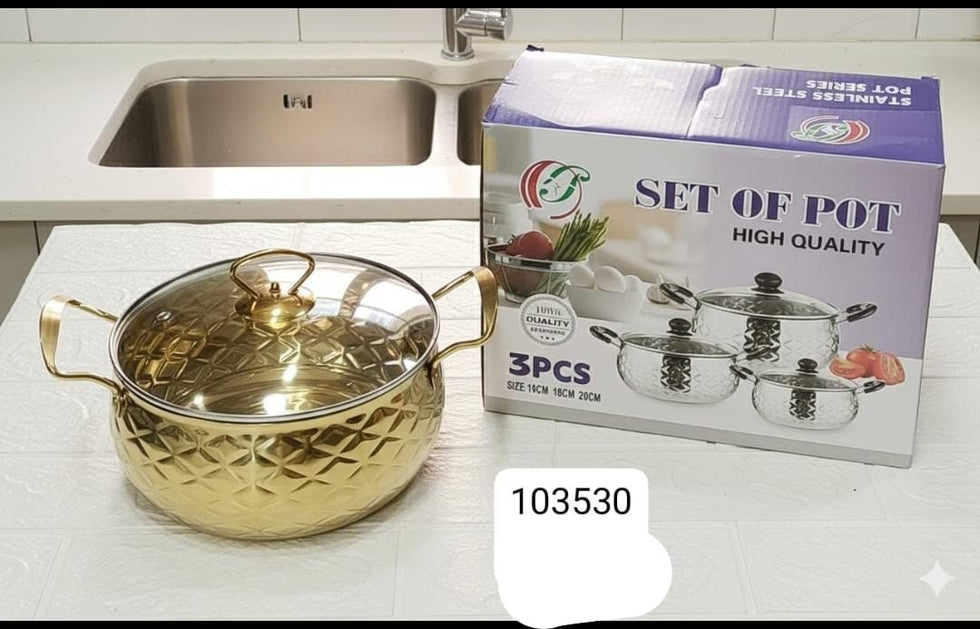 شیشے کے ڈھکنوں کے ساتھ 3pcs گولڈن کوکنگ برتن