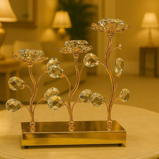 3 Pieces Crystal Candle Stand Gold Decor - Clarify.pk