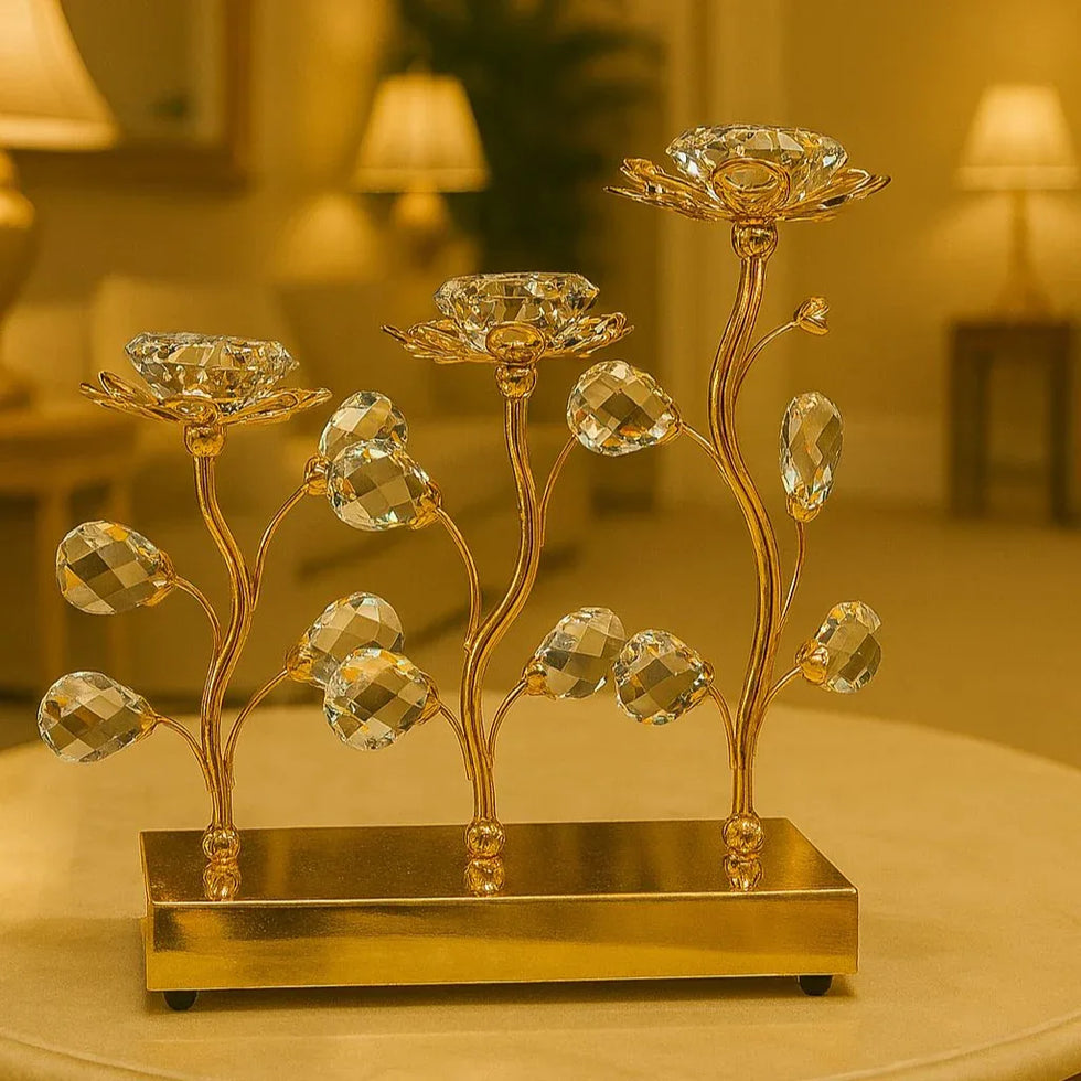 3 Pieces Crystal Candle Stand Gold Decor - Clarify.pk