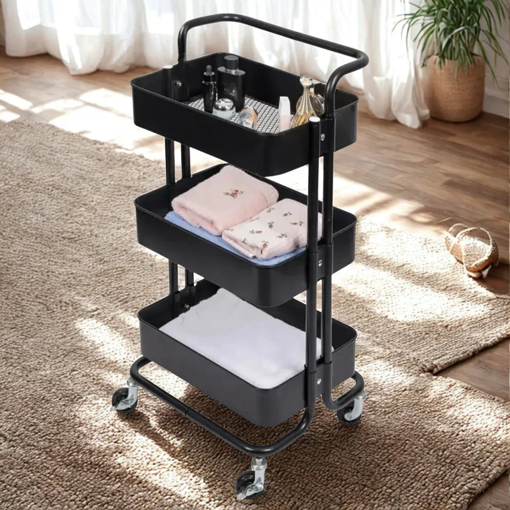 3 Tier Folding Metal Cart with Wheels - Durable Storage Holder - Clarify.pk