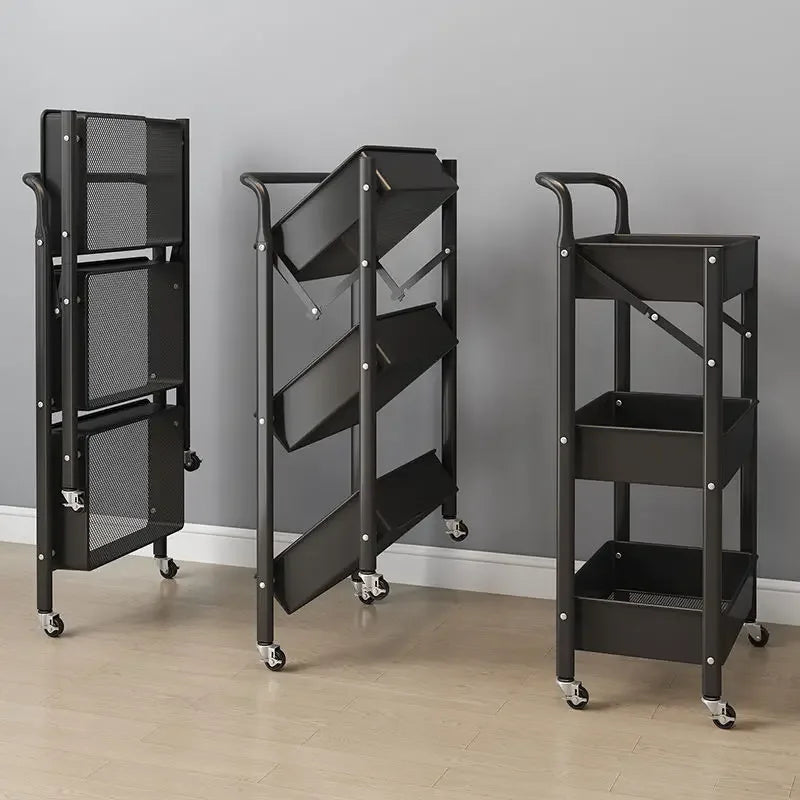 3 Tier Folding Metal Cart with Wheels - Durable Storage Holder - Clarify.pk