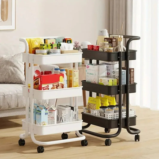 3 Tier Folding Metal Cart with Wheels - Durable Storage Holder - Clarify.pk