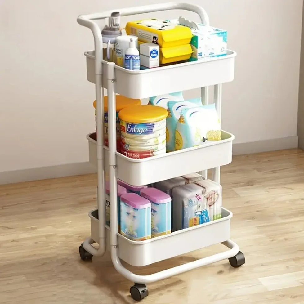 3 Tier Folding Metal Cart with Wheels - Durable Storage Holder - Clarify.pk