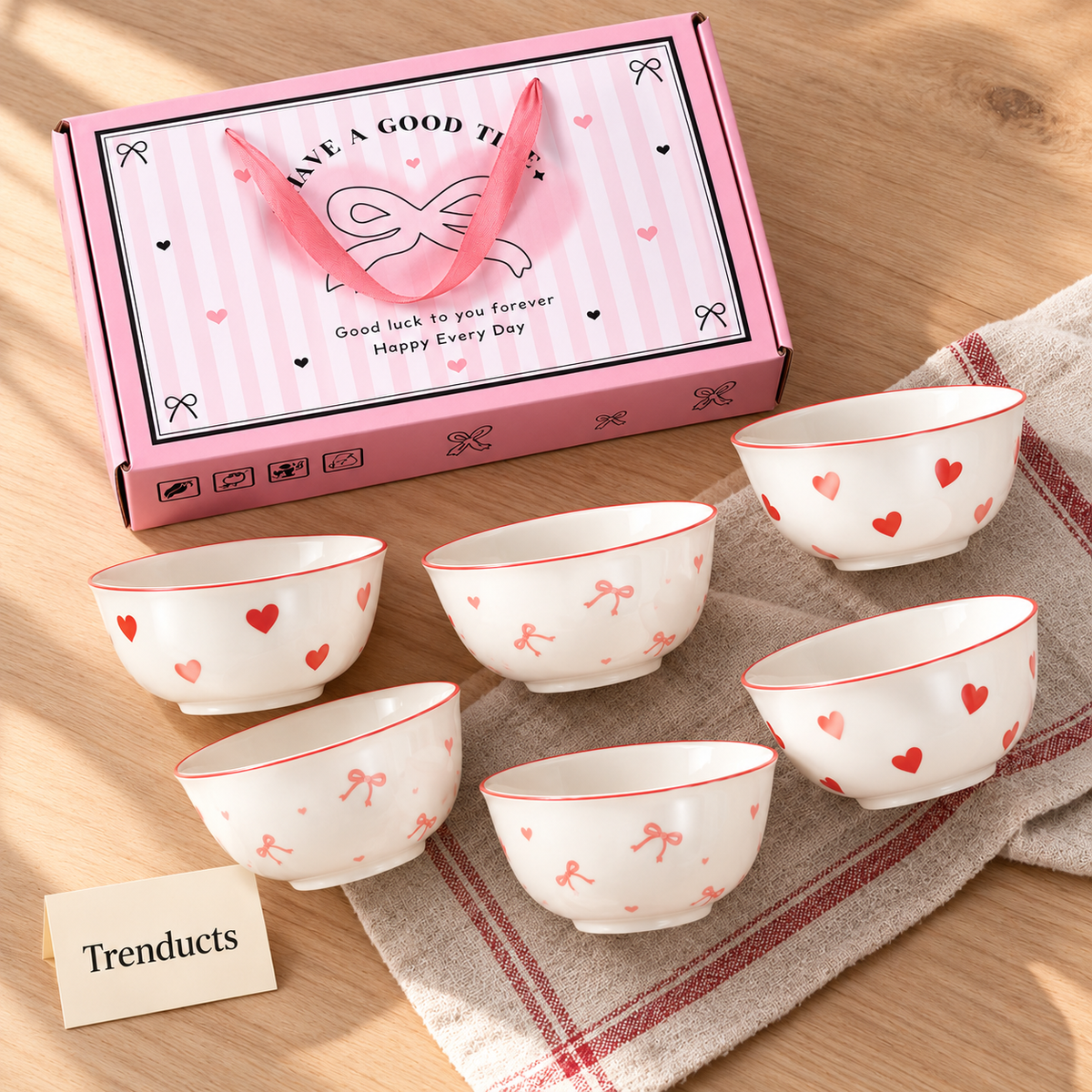 Heart and Bow Bowl Gift Set of 6 - Pink Box