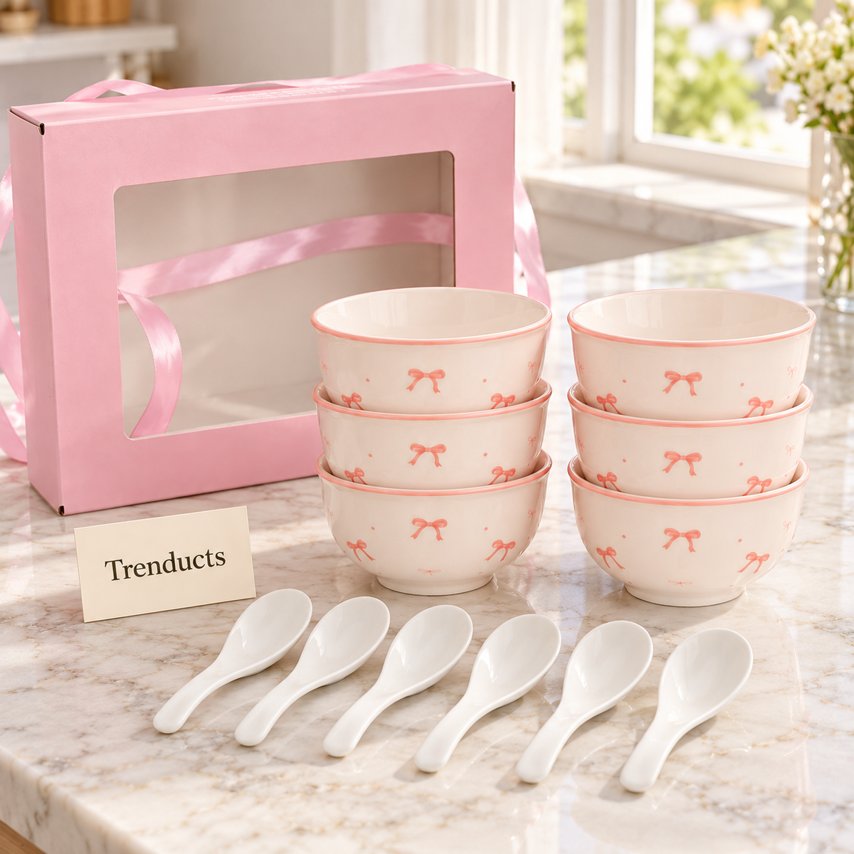 Bow Print Bowl Gift Set - 6 Bowls and 6 Spoons