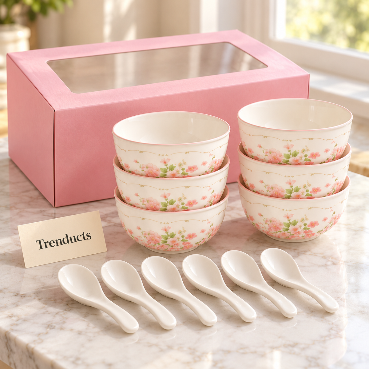 Floral Bowl Gift Set - 6 Bowls and 6 Spoons Pink Box