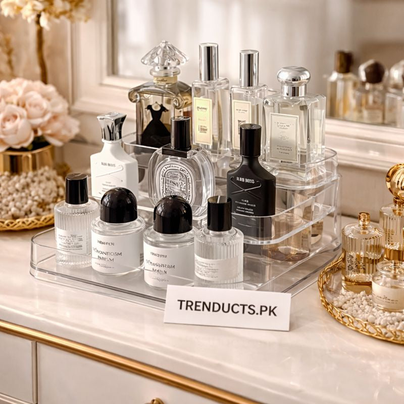 3-Tier Desktop Perfume Organizer and Tray - Luxury Cosmetic Storage Rack
