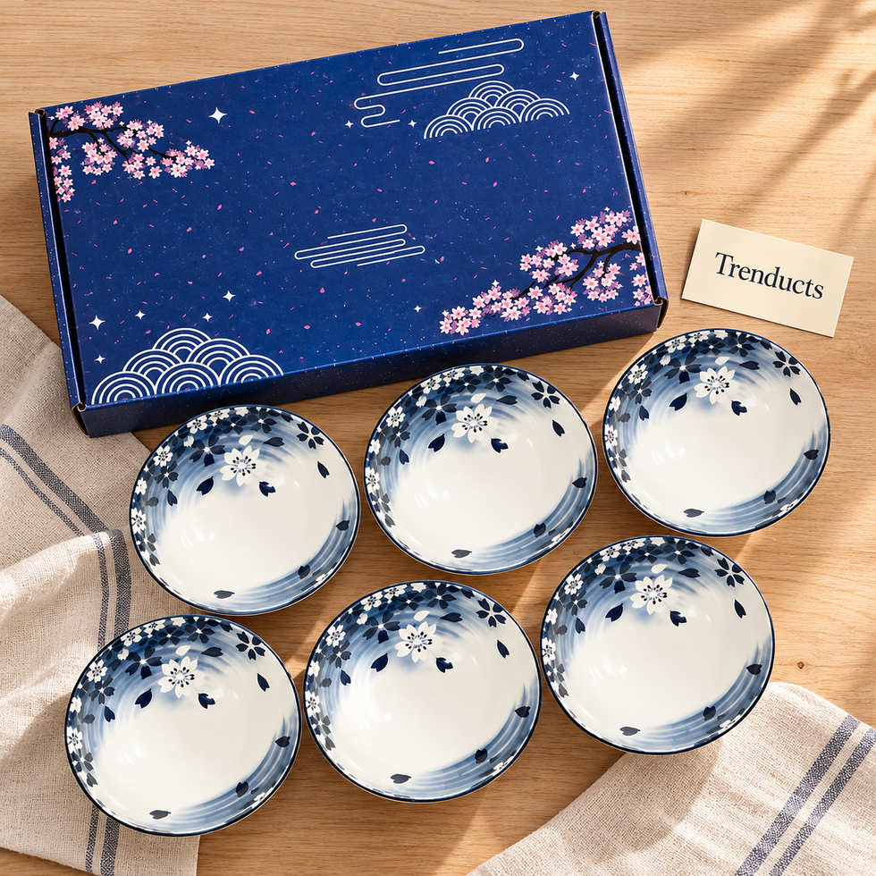 Blue Floral Bowl Gift Set of 6 - Navy Gift Box