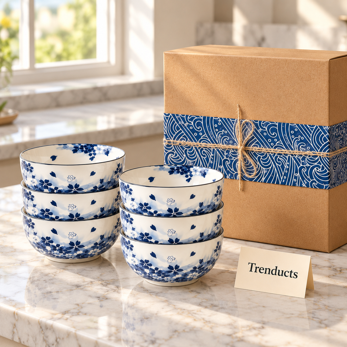 Blue Floral Bowl Gift Set of 6 - Kraft Gift Box