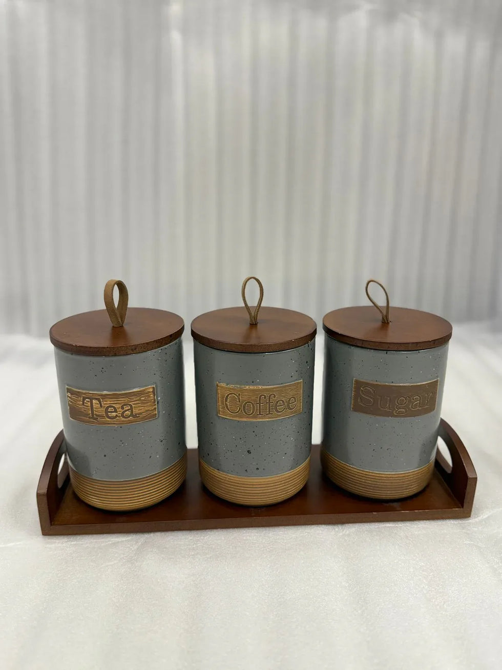 Premium Rustic 3 Pcs سیرامک ​​جار لکڑی کی ٹرے کے ساتھ سیٹ