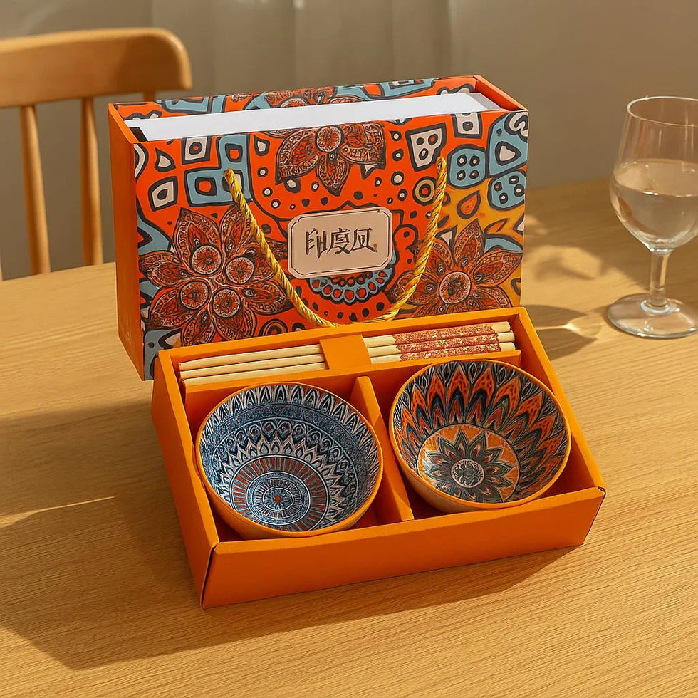 Japanese Ceramic Bowl Set of 2 with Chopsticks – Mandala Print - Clarify.pk