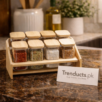 Flavor Spire 8-Piece Glass Spice Collection with Multi-Level Tilted Stand