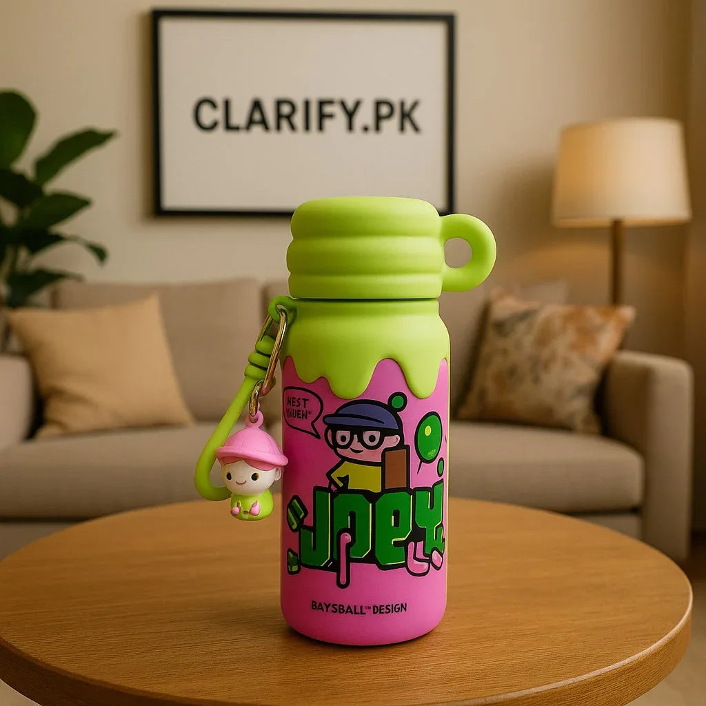 Cute Green Cartoon Water Bottle with Keychain – Portable - Clarify.pk