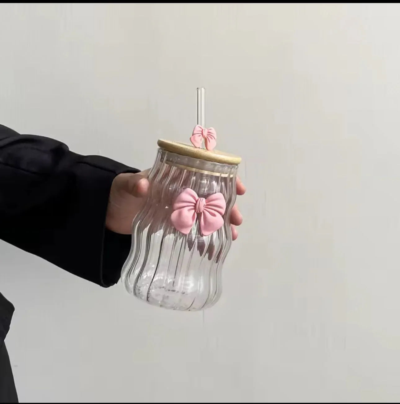 Bow Glass Water Cup with Straw – Cute Drinking Cup (400ml) - Clarify.pk