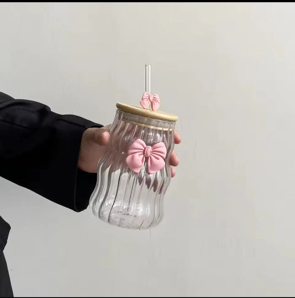Bow Glass Water Cup with Straw – Cute Drinking Cup (400ml) - Clarify.pk