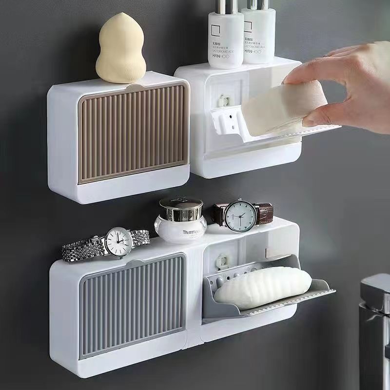 Wall-Mounted Soap Dish Holder with Lid – Double Grid Drain Box, Punch-Free
