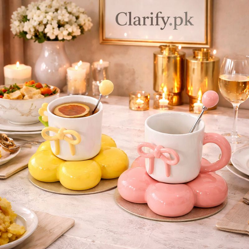 Aesthetic Ceramic Bow Mug Set - Trendy Coquette Coffee Cup Without Spoon (each) - Trenducts.pk